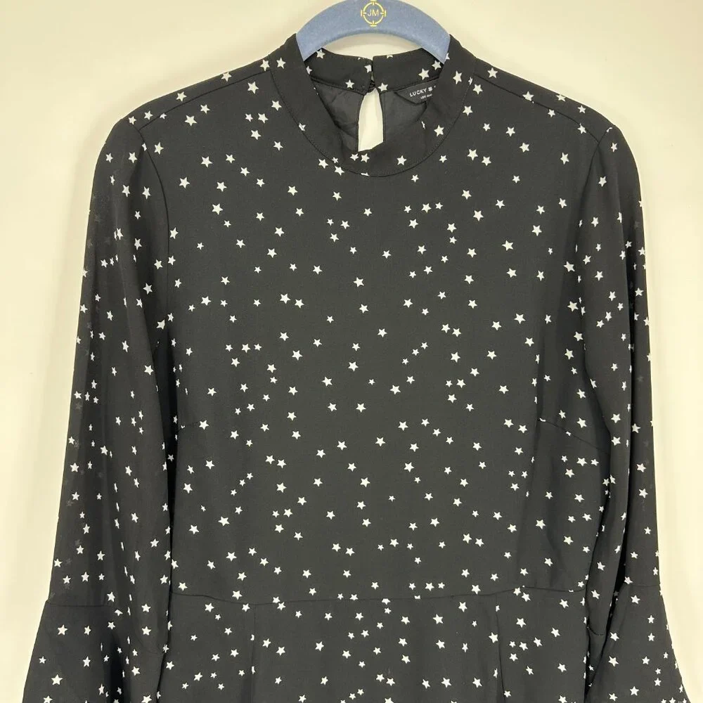 Lucky Brand Star Print Mini Dress M Long Bell Sleeves A Line Black
